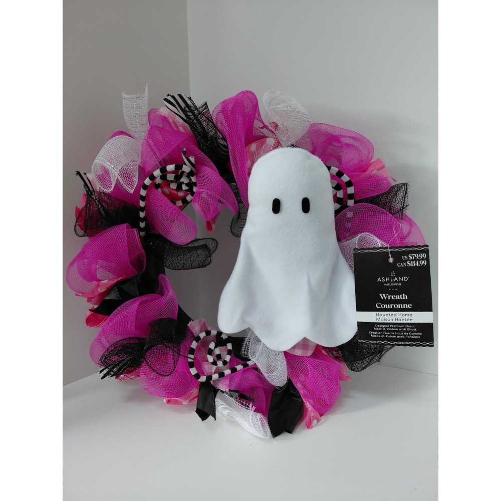 NWT Pink Black White Mesh Ribbon Ghost Halloween‎ Wreath 24" Ashland